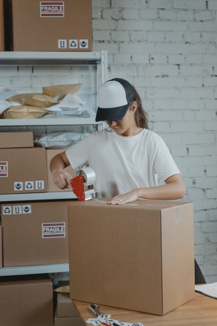 services-01 Young female worker sealing cardboard boxes in an indoor warehouse setting.
